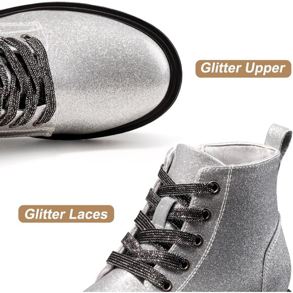 Girls Ankle Boots Sliver Glitter Combat Bootie Zipper Lace Up Winter Dress Boot - Picture 3 of 6